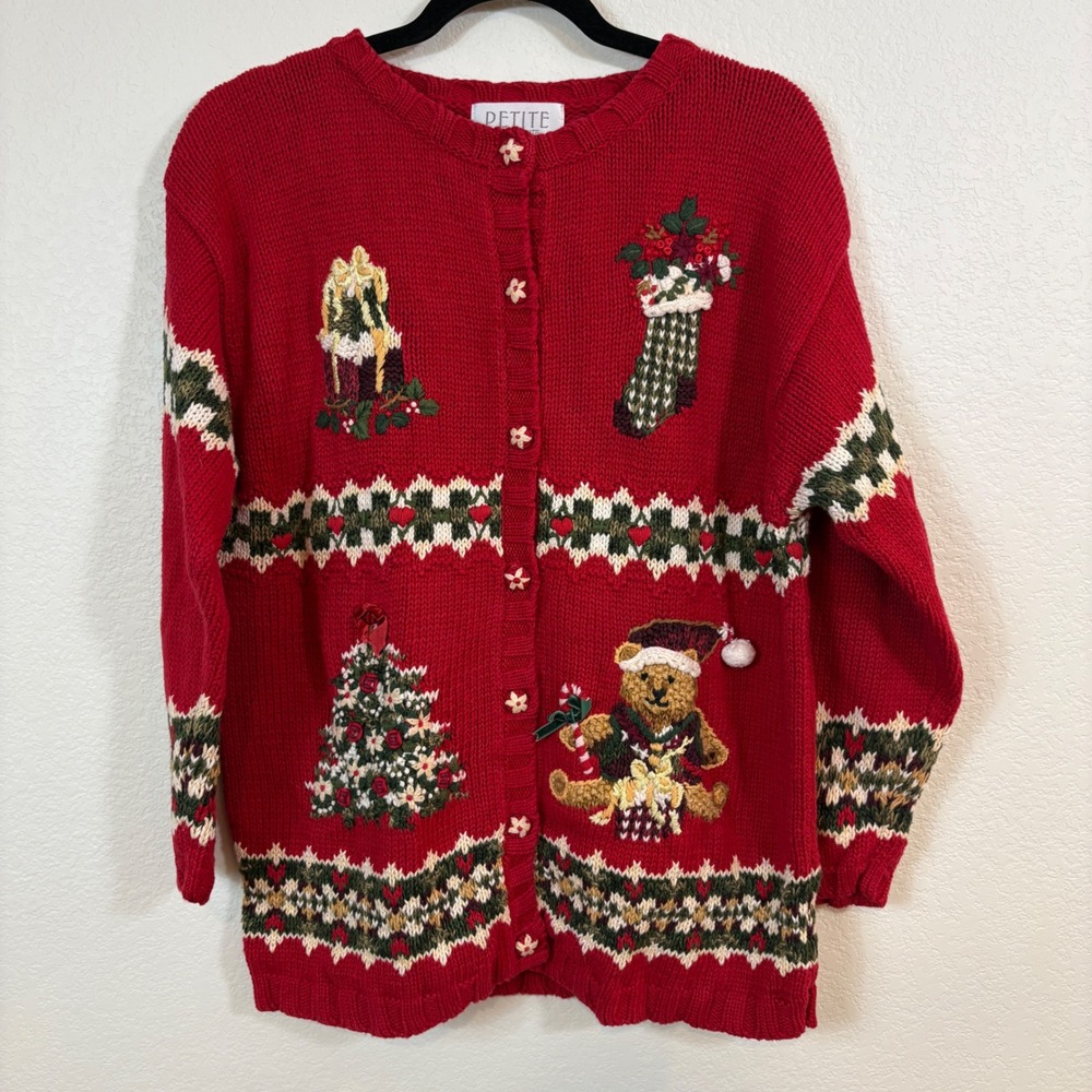 Petite Sophisticate Cardigan Womens L Red Vintage Christmas Teddy Bear Holiday